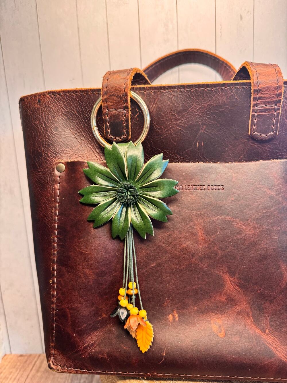 Green Dahlia Purse Charm Genuine Leather Flower Green Bag Charm NEW FAST SHIP